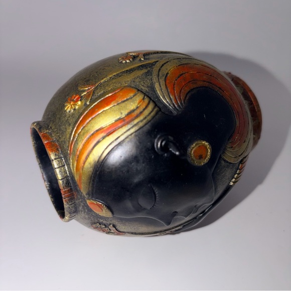 Art Pottery Face Vase | Art Nouveau Style | Gold Orange Floral Sculptural Decor - Picture 8 of 11